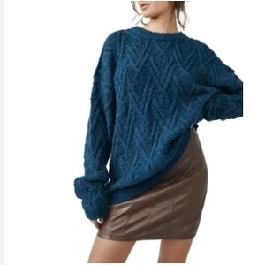 Free People Blue Cable Knit Crew Neck Sweater